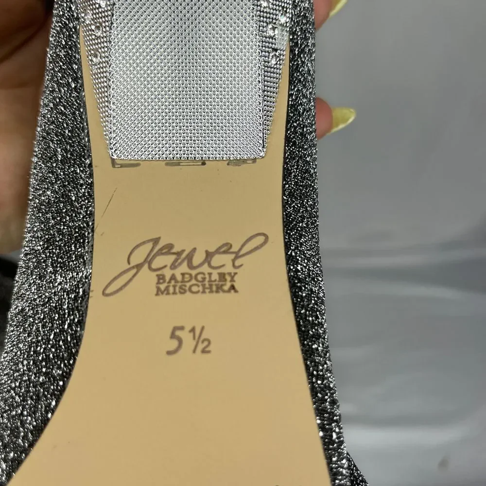 Jewel Badgley Mischka Pumps Womens 5.5‎ Silver Glitter Rhinestone Bow Stiletto